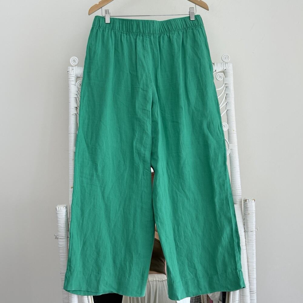 Tahari 100% Linen Pants Large Emerald Green Wide Leg Cropped Pull On Resort Boho - Picture 3 of 7
